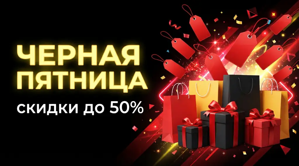 «Черная пятница»: желтая надпись на черном фоне, пакеты и коробки с бантами, красные ценники, скидки до 50%