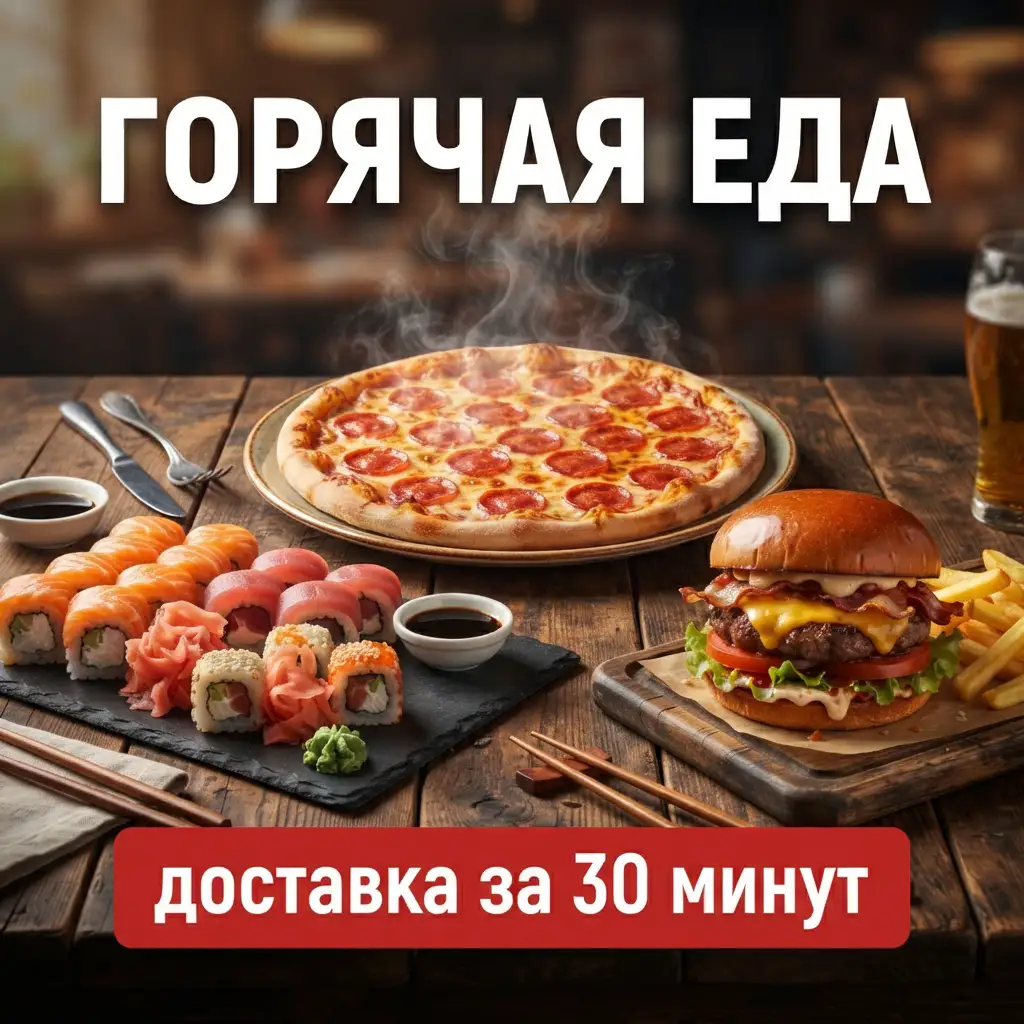 «Горячая еда»: пицца, роллы и сочный бургер на темном дереве, плашка «доставка за 30 минут»