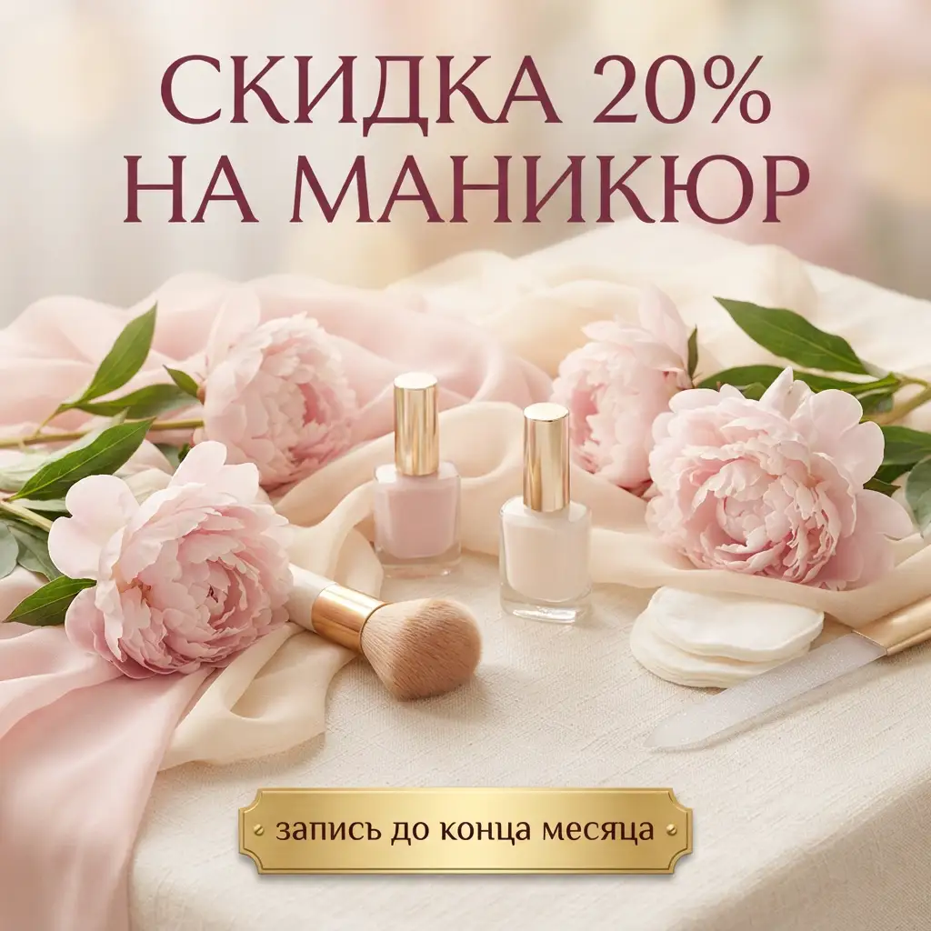 Скидка 20% на маникюр: пионы, флаконы лака и кисть на розово-кремовом шелке