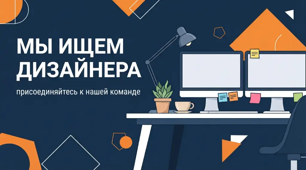 «Мы ищем дизайнера»: рабочий стол с двумя мониторами, лампой, чашкой и растением на темно-синем фоне