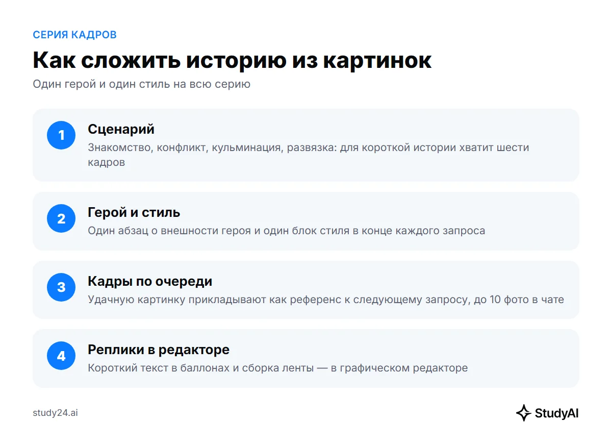 Комикс из нескольких кадров: сценарий, герой и стиль, кадры по очереди, реплики в редакторе