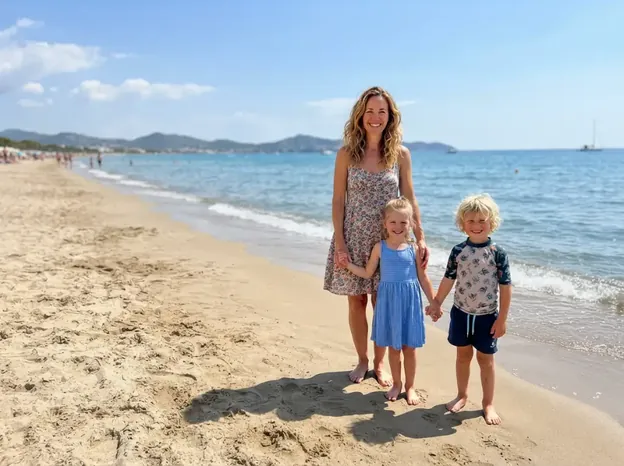 Семейное фото на пляже до обработки: мама и двое детей, слева свободное место