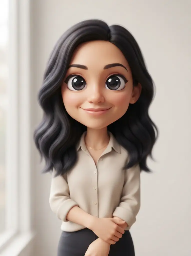 Шарж в стиле 3D-мультфильма: большая голова, крупные выразительные глаза и мягкий объемный свет