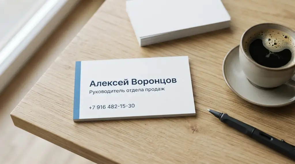 Стопка белых визиток на деревянном столе, на переднем плане одна в фокусе, рядом чашка кофе и ручка