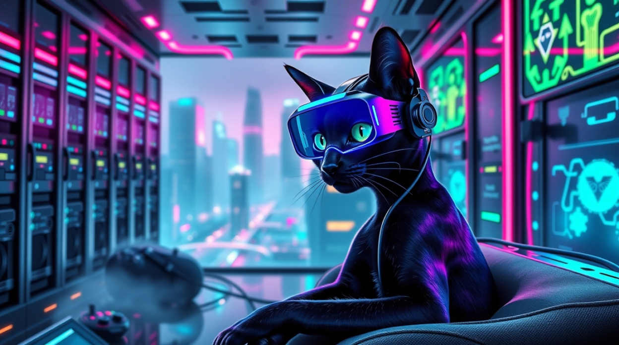 Кот в VR-очках в киберпанке
