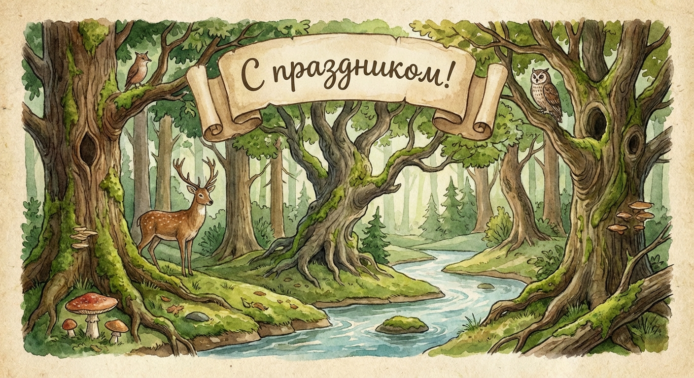 Создать открытку-картинку с поздравлением на Международный день леса с помощью нейросети