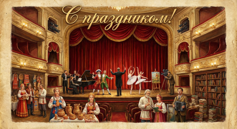 Создать открытку-картинку с поздравлением на День работника культуры с помощью нейросети