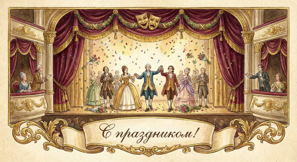 Создать открытку-картинку с поздравлением на Всемирный день театра с помощью нейросети