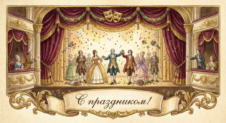 Создать открытку-картинку с поздравлением на Всемирный день театра с помощью нейросети