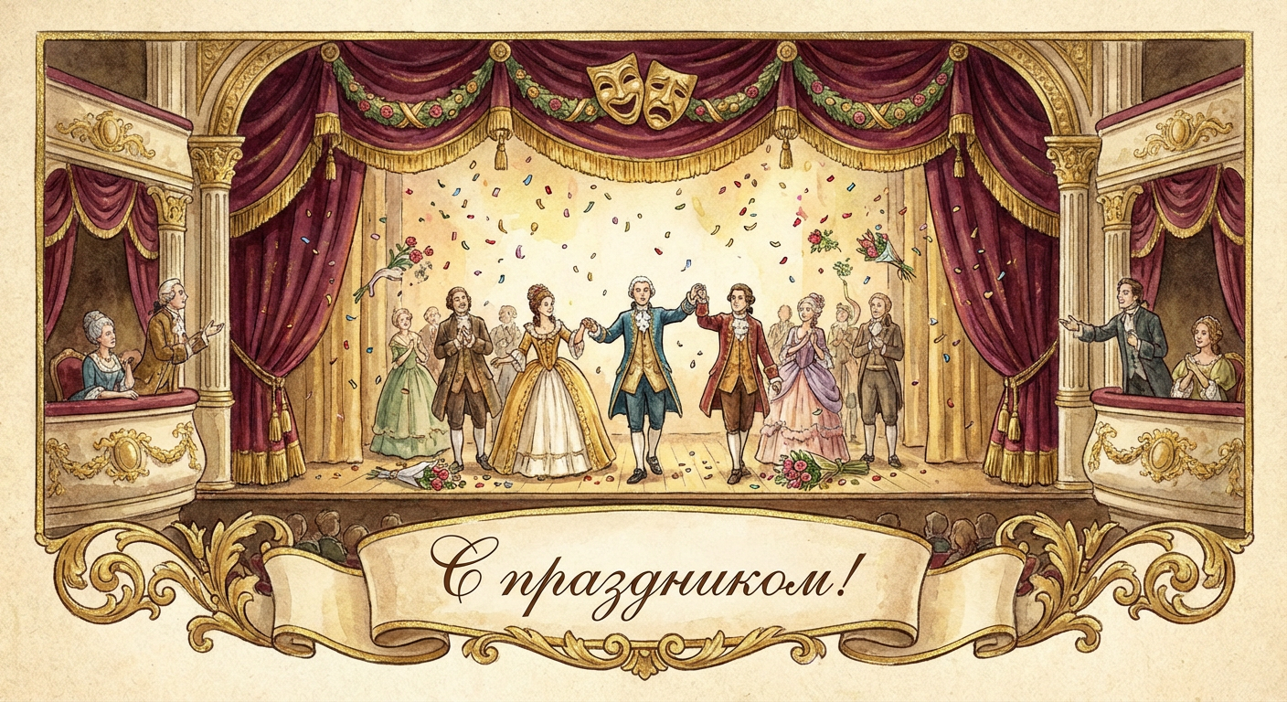 Создать открытку-картинку с поздравлением на Всемирный день театра с помощью нейросети