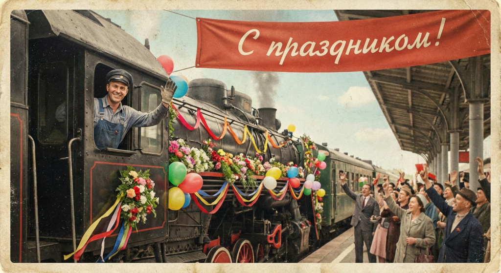 Создать открытку-картинку с поздравлением на День машиниста с помощью нейросети