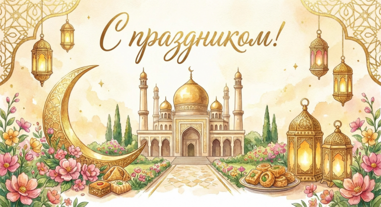 Создать открытку-картинку с поздравлением на Ураза Байрам с помощью нейросети