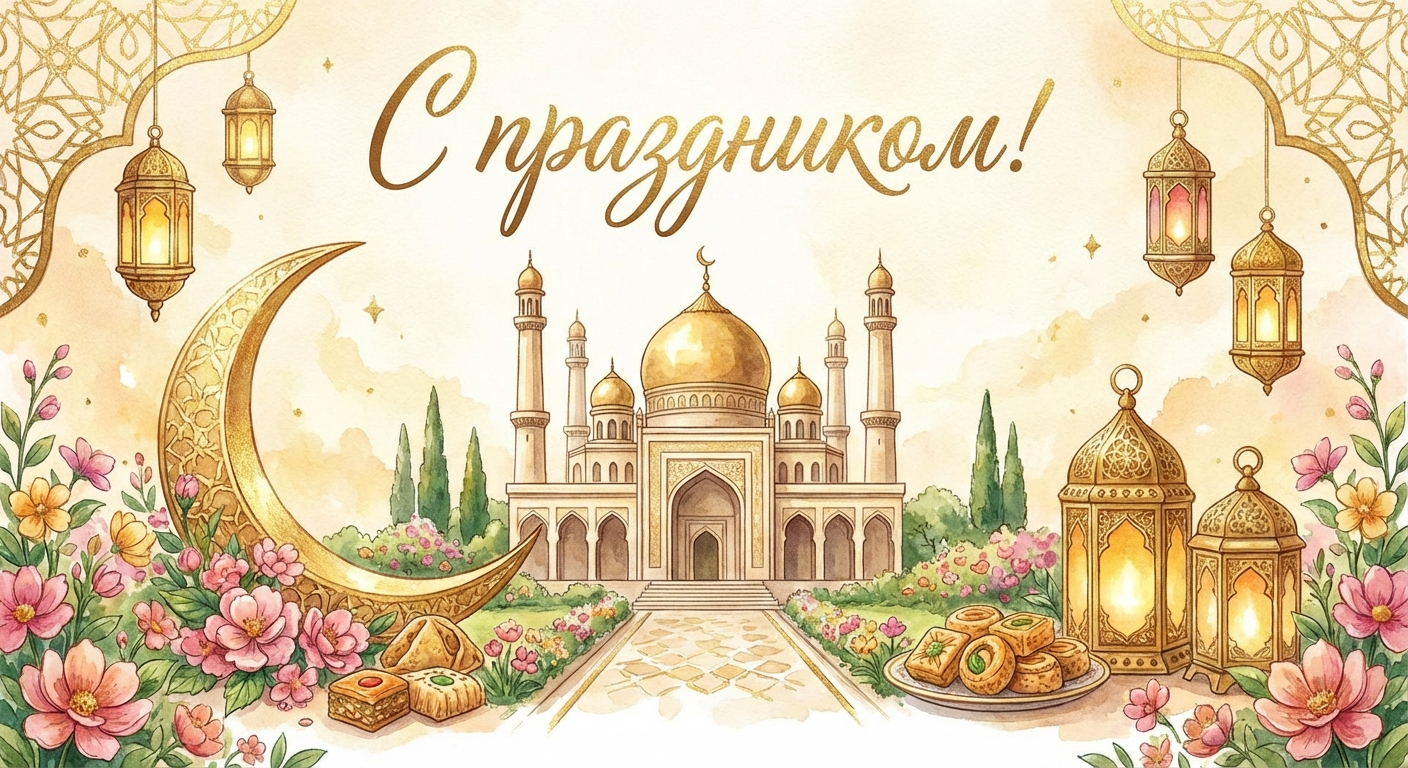 Создать открытку-картинку с поздравлением на Ураза Байрам с помощью нейросети