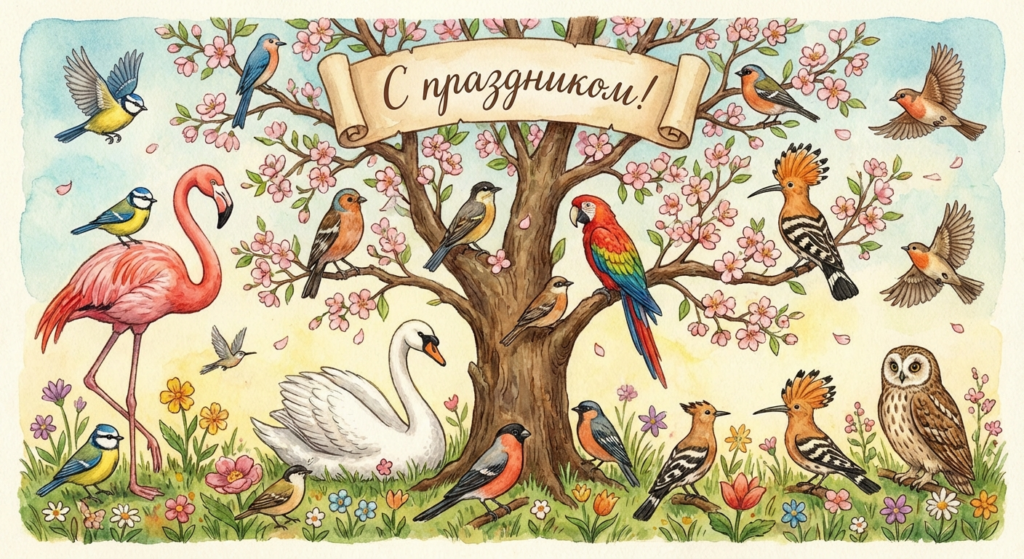 Создать открытку-картинку с поздравлением на Международный день птиц с помощью нейросети
