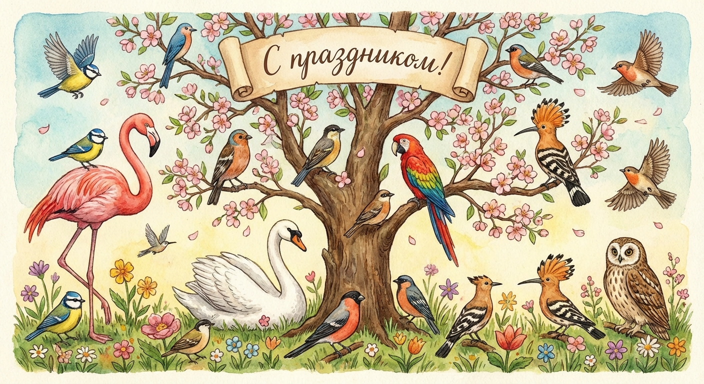 Создать открытку-картинку с поздравлением на Международный день птиц с помощью нейросети