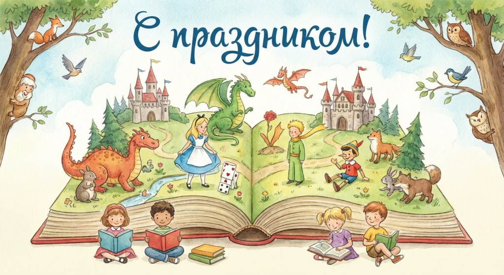 Создать открытку-картинку с поздравлением на Международный день детской книги с помощью нейросети