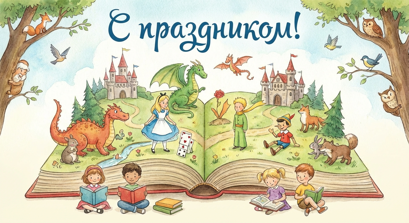 Создать открытку-картинку с поздравлением на Международный день детской книги с помощью нейросети
