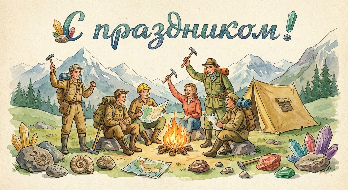 Создать открытку-картинку с поздравлением на День Геолога с помощью нейросети