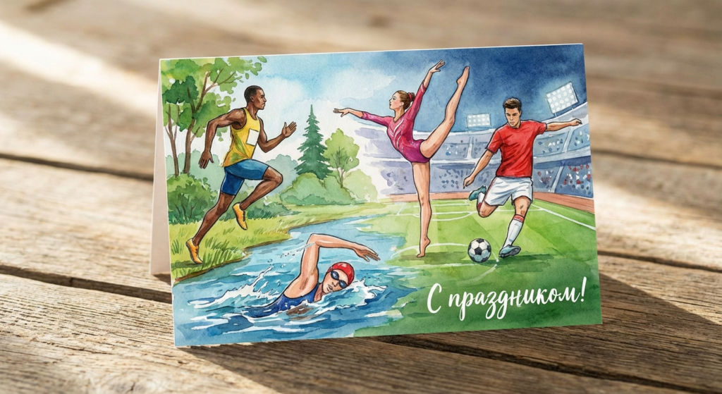 Создать открытку-картинку с поздравлением на Международный день спорта с помощью нейросети