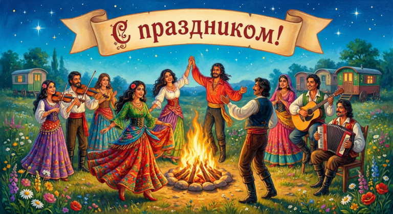 Создать открытку-картинку с поздравлением на Международный день цыган с помощью нейросети