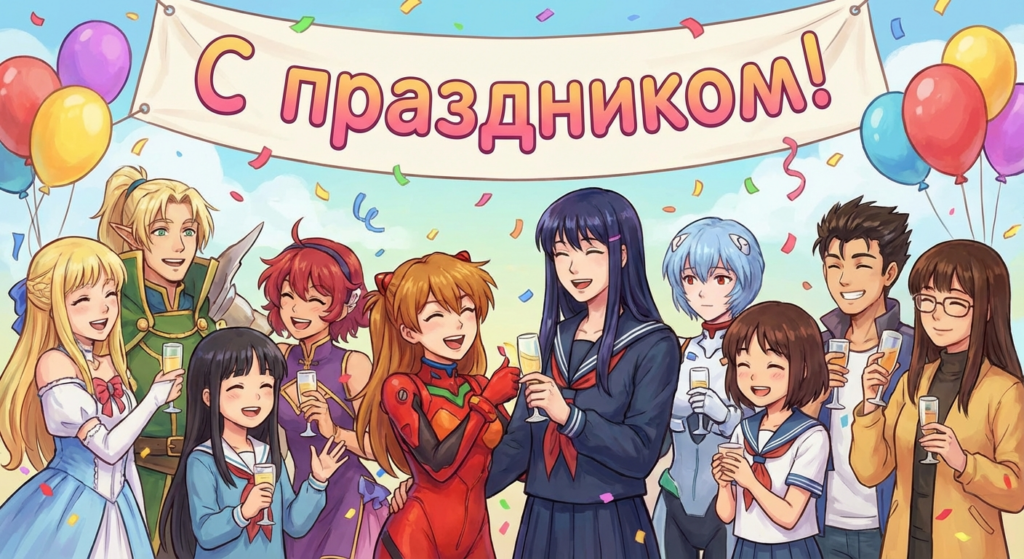 Создать открытку-картинку с поздравлением на День анимешника с помощью нейросети