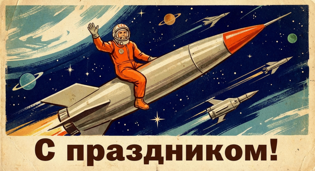 Создать открытку-картинку с поздравлением на Всемирный день авиации и космонавтики с помощью нейросети