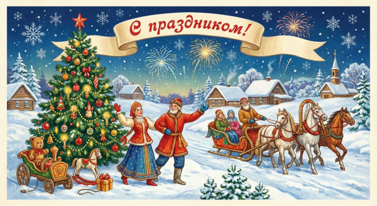 Создать открытку-картинку с поздравлением на Старый Новый год с помощью нейросети