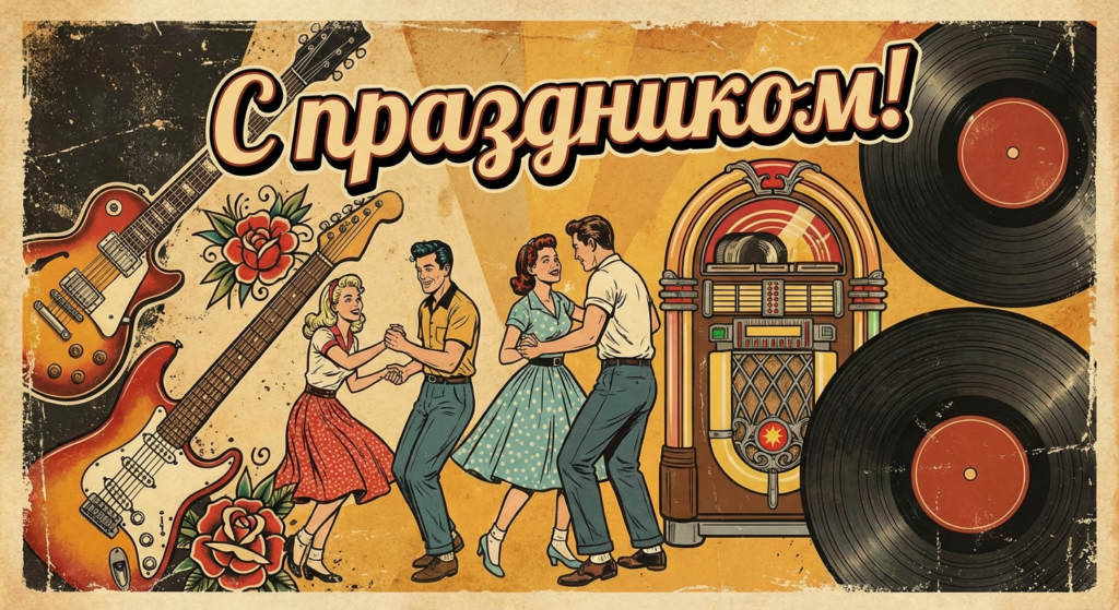 Создать открытку-картинку с поздравлением на Всемирный день рок-н-ролла с помощью нейросети