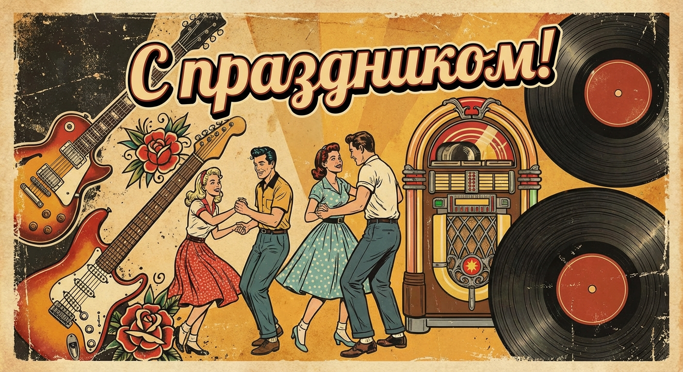 Создать открытку-картинку с поздравлением на Всемирный день рок-н-ролла с помощью нейросети