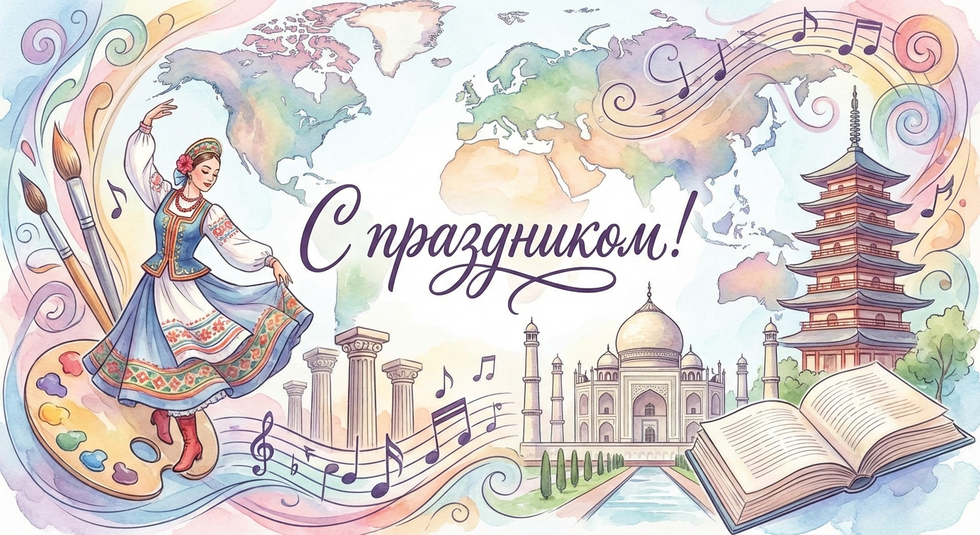 Создать открытку-картинку с поздравлением на Международный день культуры с помощью нейросети