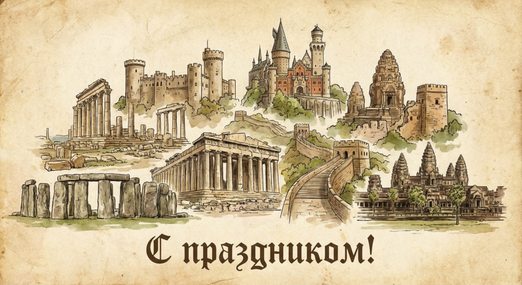Создать открытку-картинку с поздравлением на Международный день памятников и исторических мест с помощью нейросети