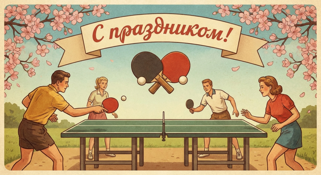Создать открытку-картинку с поздравлением на Всемирный день настольного тенниса с помощью нейросети