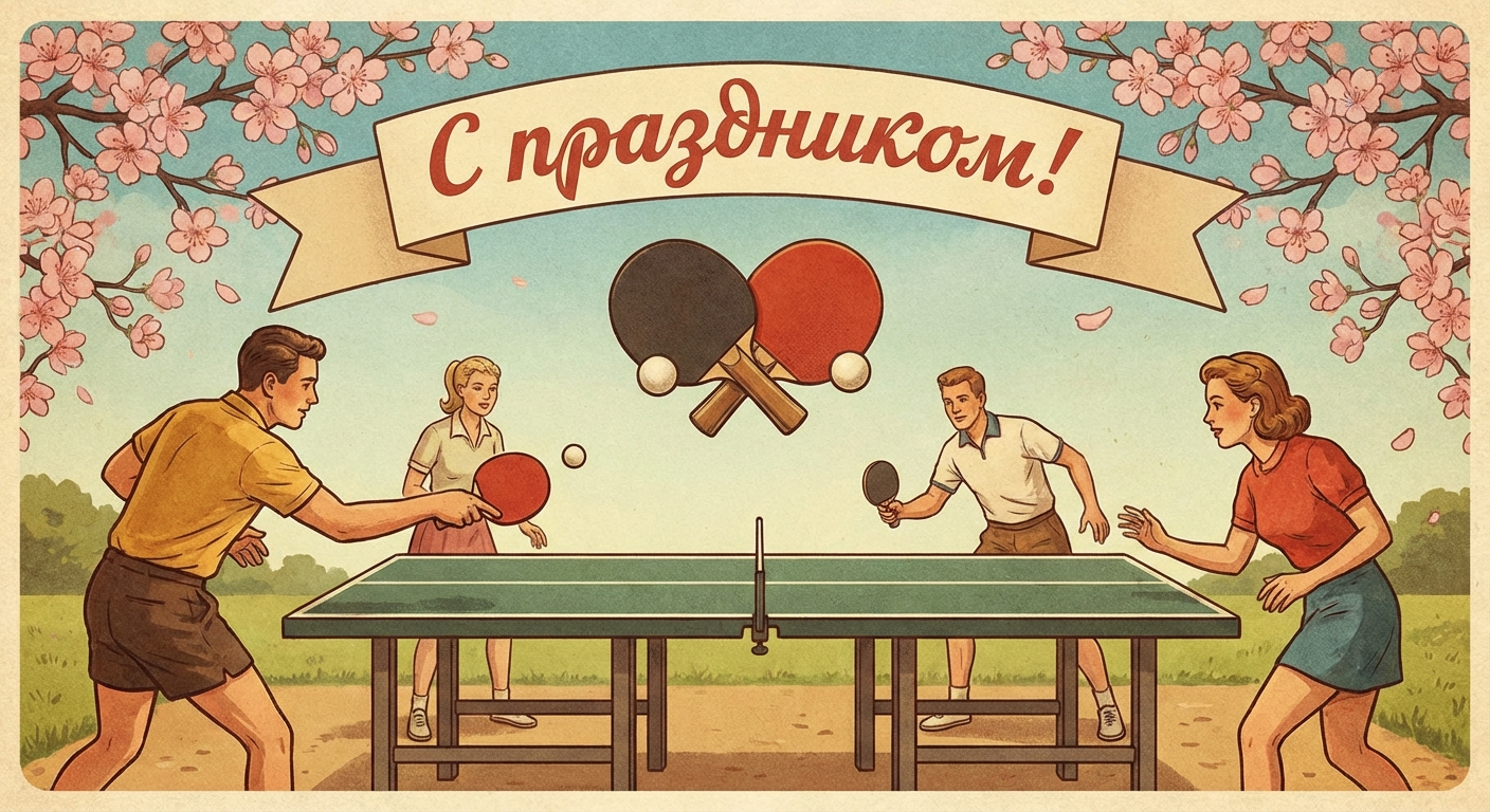 Создать открытку-картинку с поздравлением на Всемирный день настольного тенниса с помощью нейросети