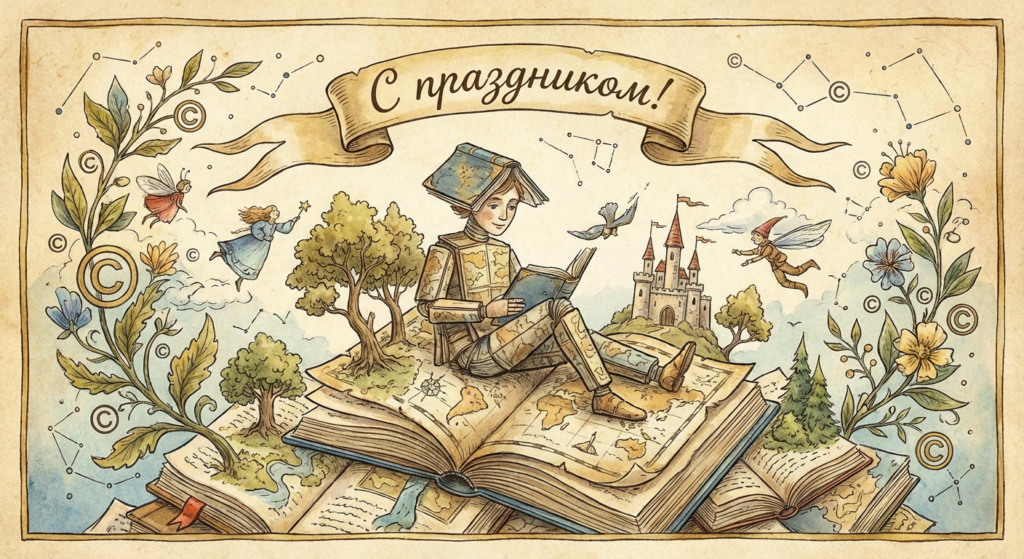 Создать открытку-картинку с поздравлением на Всемирный день книг и авторского права с помощью нейросети