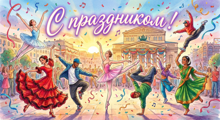 Создать открытку-картинку с поздравлением на Международный день танца с помощью нейросети