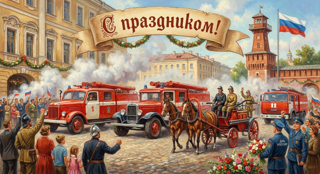 Создать открытку-картинку с поздравлением на День пожарной охраны с помощью нейросети