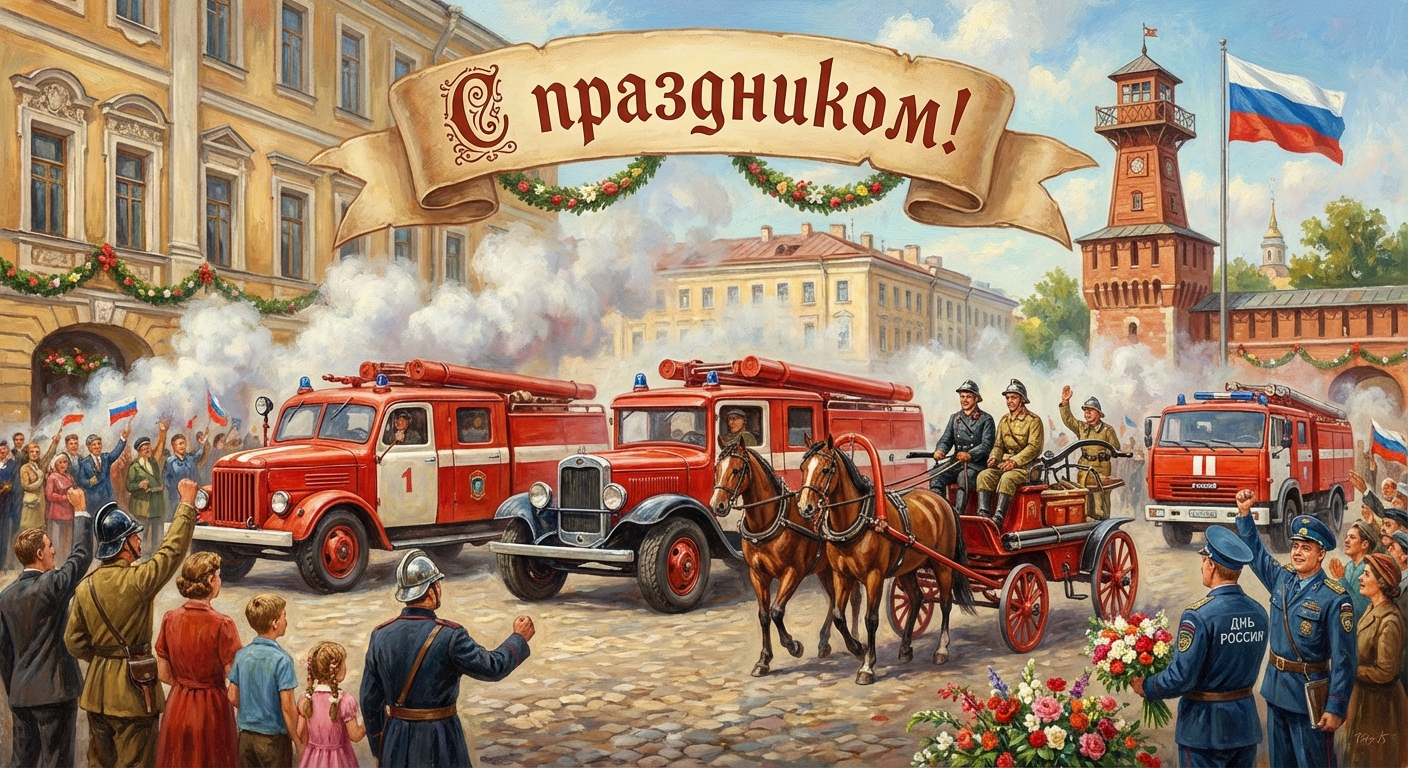 Создать открытку-картинку с поздравлением на День пожарной охраны с помощью нейросети