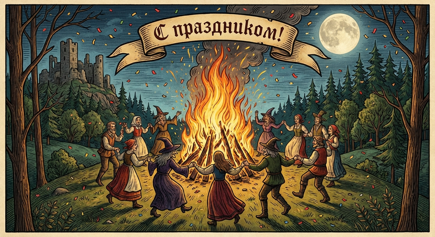Создать открытку-картинку с поздравлением на Вальпургиева ночь с помощью нейросети