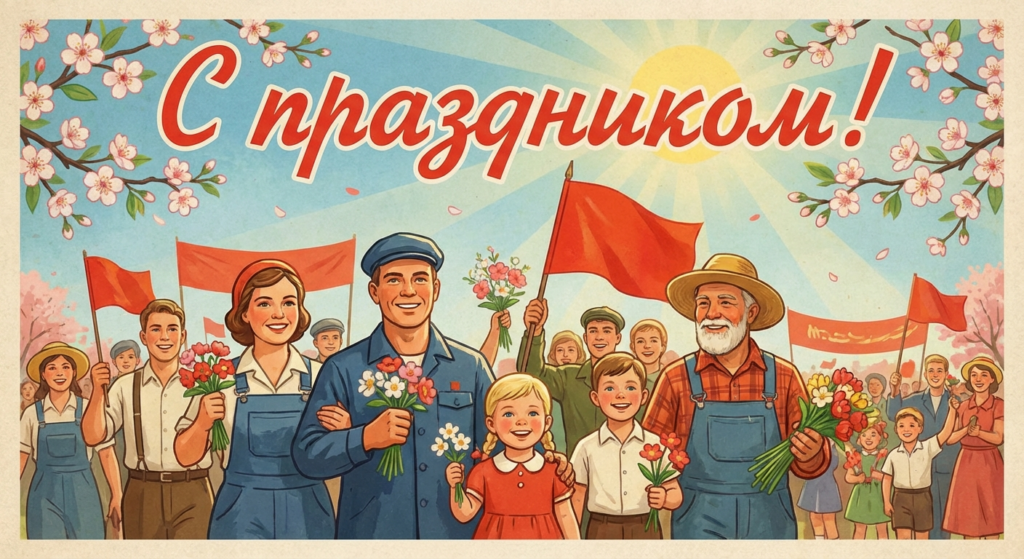 Создать открытку-картинку с поздравлением на Первомай (день труда) с помощью нейросети