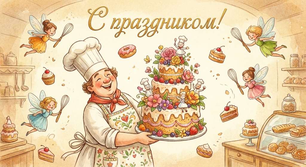 Создать открытку-картинку с поздравлением на День кондитера с помощью нейросети