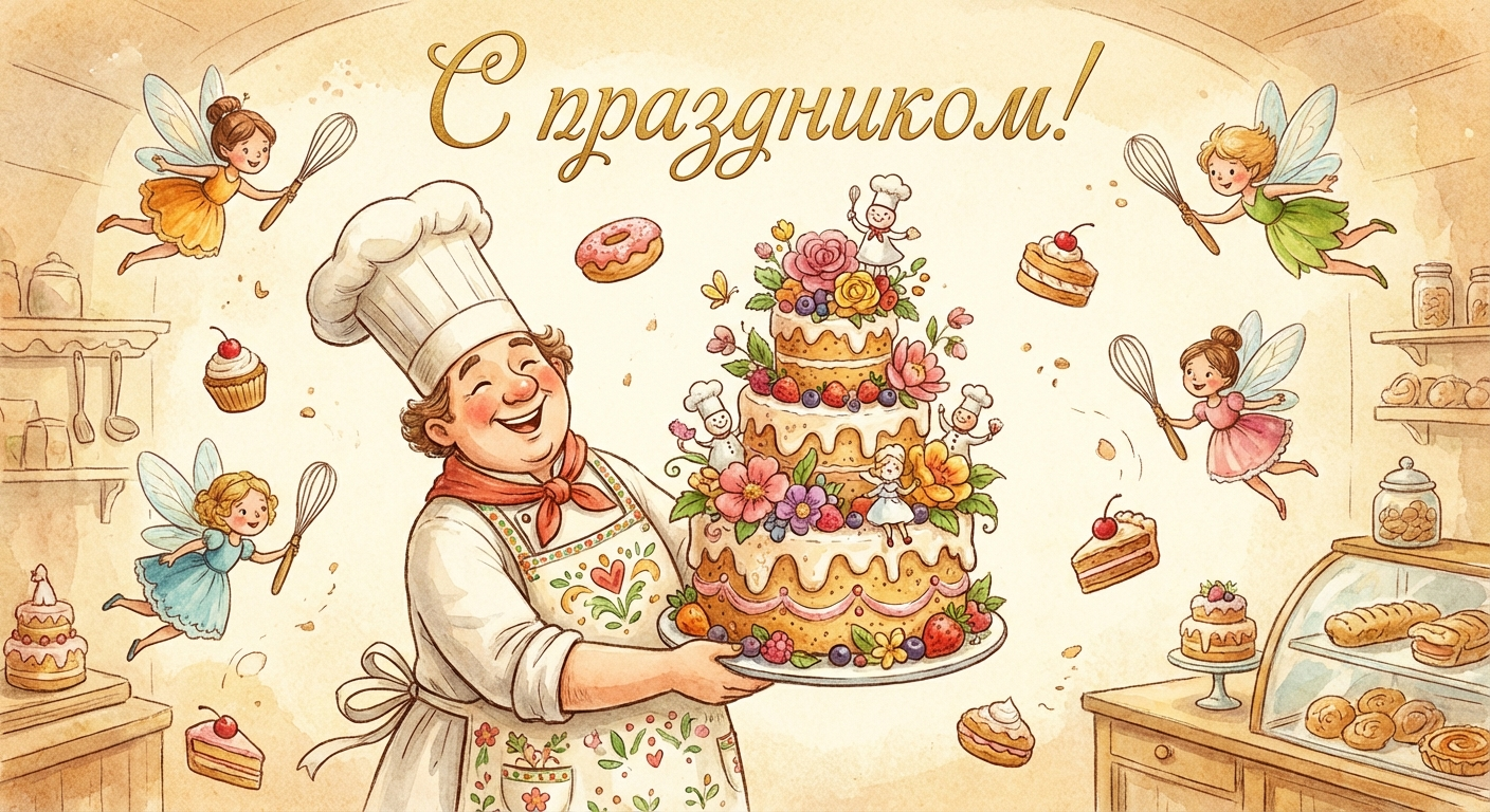 Создать открытку-картинку с поздравлением на День кондитера с помощью нейросети