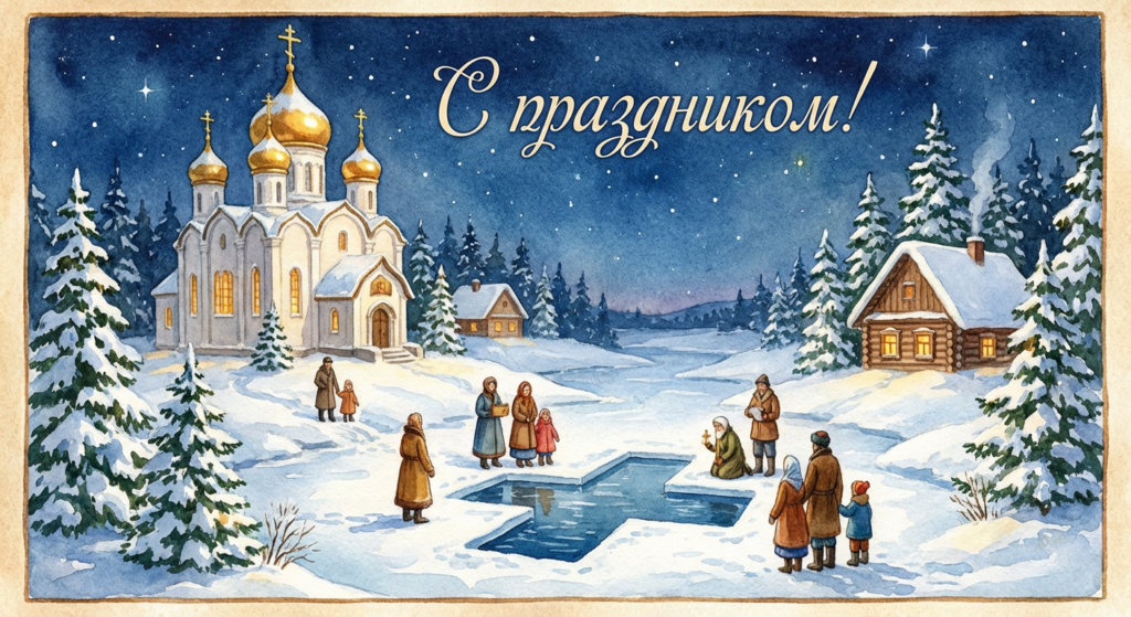 Создать открытку-картинку с поздравлением на Крещенский сочельник с помощью нейросети