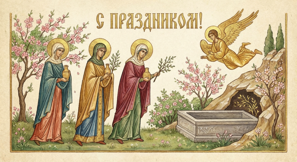 Создать открытку-картинку с поздравлением на День Жён-мироносиц с помощью нейросети