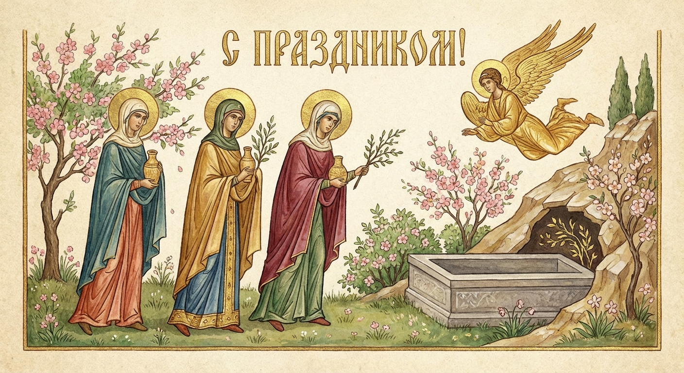 Создать открытку-картинку с поздравлением на День Жён-мироносиц с помощью нейросети