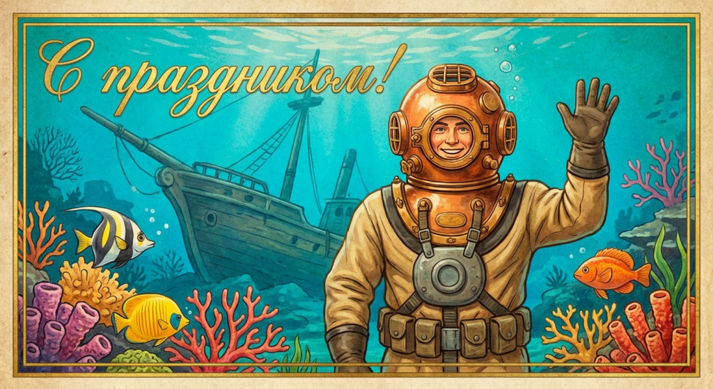 Создать открытку-картинку с поздравлением на День водолаза с помощью нейросети