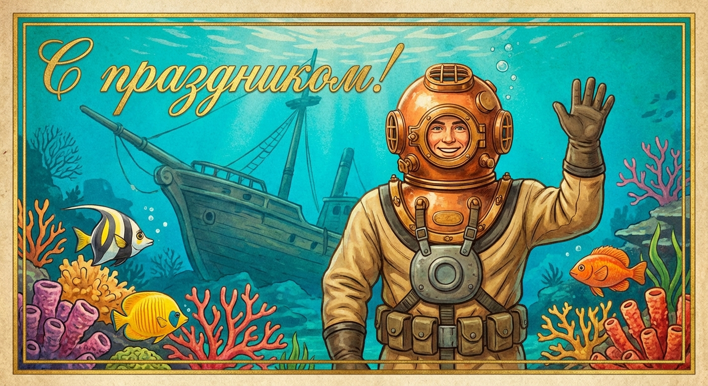 Создать открытку-картинку с поздравлением на День водолаза с помощью нейросети