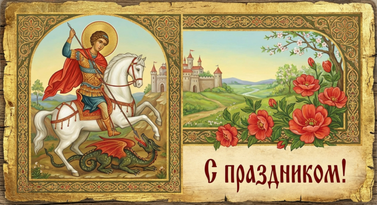 Создать открытку-картинку с поздравлением на День святого Георгия Победоносца с помощью нейросети
