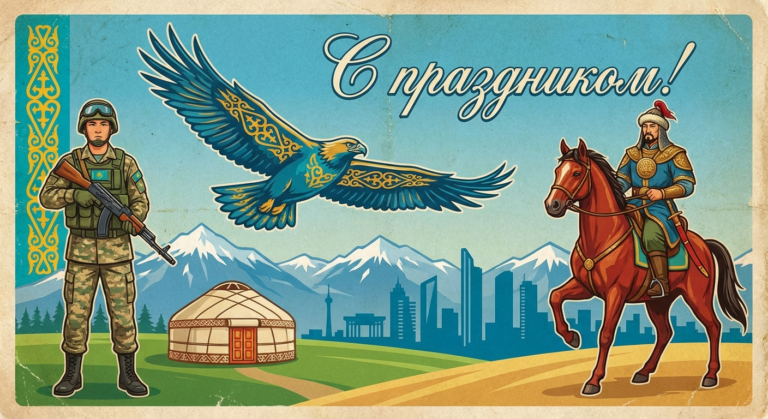 Создать открытку-картинку с поздравлением на День защитника Отечества в Казахстане с помощью нейросети