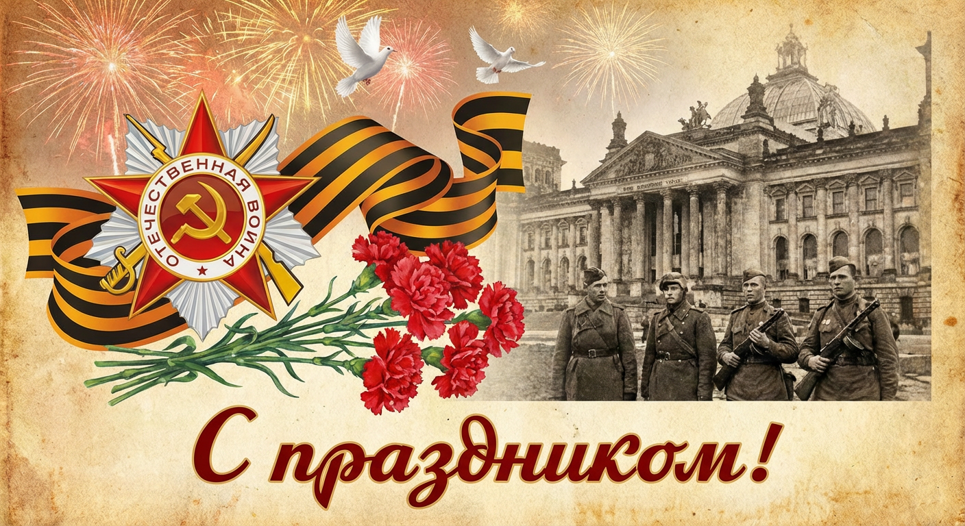 Создать открытку-картинку с поздравлением на День Победы с помощью нейросети