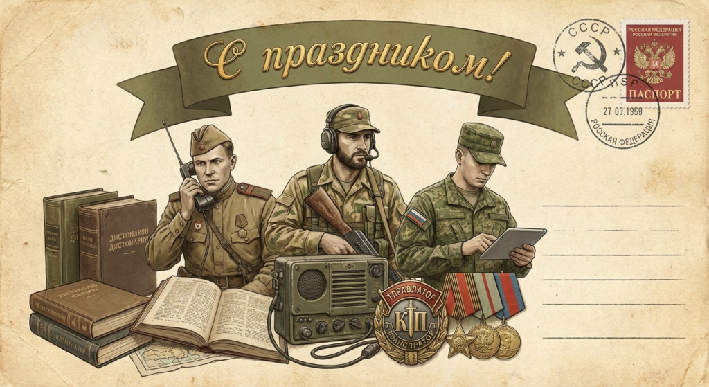 Создать открытку-картинку с поздравлением на День военного переводчика с помощью нейросети